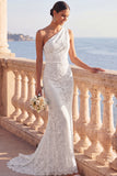 White Lace Floral One Shoulder Sweep Train Wedding Dress
