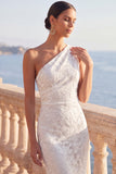 White Lace Floral One Shoulder Sweep Train Wedding Dress