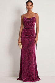Burgundy Sheath Spaghetti Straps Maxi Velvet Formal Dress