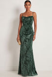 Dark Green Sheath Spaghetti Straps Maxi Velvet Bridesmaid Dress