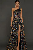 Floral Mauve One Shoulder A Line Long Prom Dress with Slit