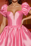 Pink Corset A Line Puff Sleeves Satin Mini Prom Dress