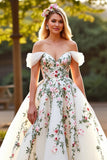 Floral Tulle Ball Gown Sweep Train White Wedding Dress