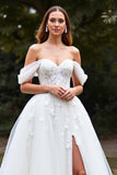 White Tulle Ball Gown Sweep Train Wedding Dress with Slit