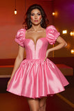Pink Corset A Line Puff Sleeves Satin Mini Prom Dress