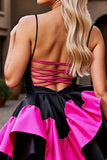 Black and Fuchsia A Line Tiered Satin Short Prom Dress with Ruffles