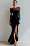 Leely Women Black Mermaid Long Formal Dress with Silt Ruched Illusion Neck Evening Dress with Sleeves