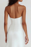 White Satin Strapless Sheath Tea Length Graduation Dress