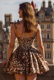 Khaki Leopard Printed Sparkly Beaded Short Corset Cocktail Dress with Bows