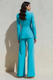 Blue Peak Lapel 2 Piece Satin Wide-Leg Women Prom Suits with Pockets