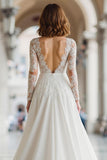 Ivory Illusion Boat Neck Floor-Length A Line Wedding Dress with Lace