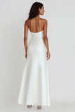 White Satin Strapless Sheath Tea Length Graduation Dress