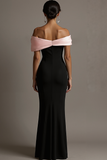 Black and Pink Off the Shoulder Sheath Satin Maxi Evening Dress