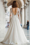 Ivory Illusion Boat Neck Floor-Length A Line Wedding Dress with Lace