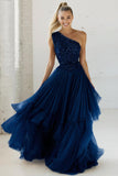 Sparkly Brown Pleated Tulle One Shoulder Long Wedding Guest Dress with Sequins
