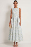 White Blue Floral A Line Round Neck Long Formal Dress
