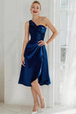 Cabernet Satin A Line One Shoulder Midi Bridesmaid Dress