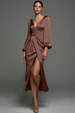 Desert Rose Satin V Neck Sheath Long Formal Dress with Slit
