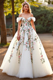Floral Tulle Ball Gown Sweep Train White Wedding Dress