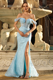 Sparkly Blue Mermaid Off the Shoulder Maxi Corset Prom Dress with Slit