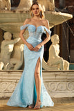Sparkly Blue Mermaid Off the Shoulder Maxi Corset Prom Dress with Slit