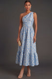 Blue Floral Jacquard A Line One Shoulder Long Formal Dress