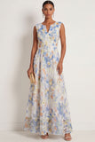 Light Blue A Line Floral Appliqued V Neck Sleeveless Long Wedding Guest Dress