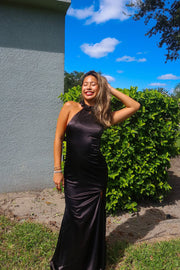 Black Satin Halter Sheath Backless Long Formal Dress with Slit