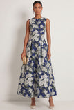 Floral Navy A Line Round Neck Long Formal Dress