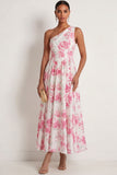 White Fuchsia Floral A Line One Shoulder Long Formal Dress