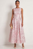 Jacquard A Line Ivory Pink Floral Round Neck Sleeveless Long Formal Dress