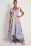 Light Purple Floral Thick Straps High Low Wedding Guest Dress with Bow