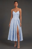 Sweetheart Blue Jacquard Floral A Line Long Formal Dress with Slit