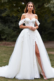 White Tulle Ball Gown Sweep Train Wedding Dress with Slit