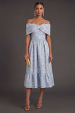 Blue Jacquard A Line Off the Shoulder Floral Long Formal Dress