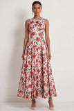 A Line Pink Red Floral Round Neck Long Formal Dress