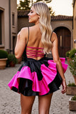 Black and Fuchsia A Line Tiered Satin Short Prom Dress with Ruffles
