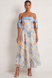 Light Blue A Line Floral Appliqued Off the Shoulder Long Wedding Guest Dress