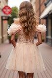 Champagne Floral Corset Ruffled Short Prom Dress with Lace