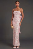 Pink Floral Jacquard Strapless Sheath Appliqued Long Formal Dress