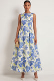 A Line Blue Daffodil Floral Round Neck Sleeveless Long Formal Dress
