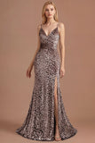 Floral Golden Leopard Mermaid Spaghetti Straps Sleeveless Long Prom Dress with Slit