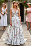Floral White A Line Satin Sweep Train Wedding Dress