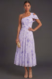Floral Lilac One Shoulder A Line Long Formal Dress with Slit