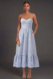Jacquard Blue Floral A Line Backless Long Formal Dress