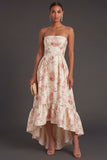 White Pink Floral Ruffled Strapless Backless High Low Formal Dress