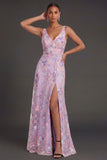 Lilac Floral A Line V Neck Embroidered Floral Long Formal Dress
