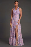 Lilac Floral A Line Halter Neck Embroidered Long Formal Dress