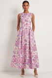 Floral Lilac A Line Round Neck Sleeveless Long Formal Dress