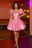 Pink Corset A Line Puff Sleeves Satin Mini Prom Dress